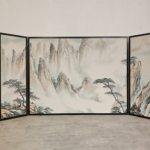 Silver mist landscape folding screen room divider with four-panel Asian art