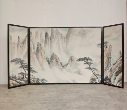 Silver mist landscape folding screen room divider with four-panel Asian art