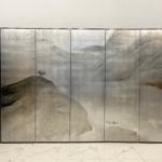 Silver mist mountain folding screen room divider with six-panel ink wash landscape art