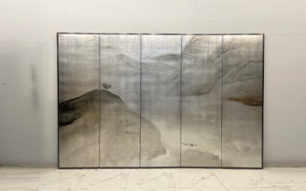 Silver mist mountain folding screen room divider with six-panel ink wash landscape art