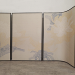 Silver mist mountain folding screen room divider with four-panel minimal landscape art