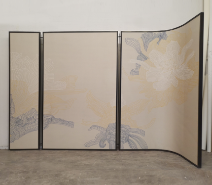 Silver mist mountain folding screen room divider with four-panel minimal landscape art