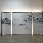 Silver mountain folding screen room divider with four-panel modern Asian landscape art