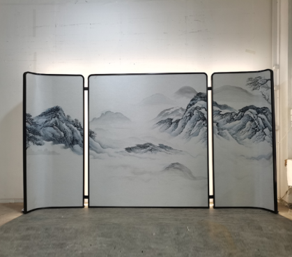 Silver mountain folding screen room divider with four-panel modern Asian landscape art