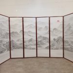 Silver mountain landscape folding screen room divider with six-panel Asian art