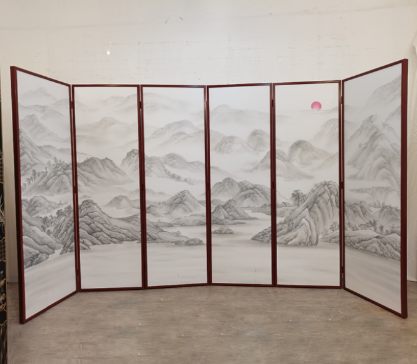 Silver mountain landscape folding screen room divider with six-panel Asian art