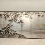 Silver pine landscape wall art screen with six-panel ink wash room divider design
