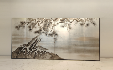 Silver pine landscape wall art screen with six-panel ink wash room divider design