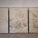 Silver plum blossom folding screen room divider with four-panel ink wash floral art