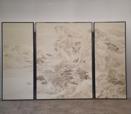 Silver plum blossom folding screen room divider with four-panel ink wash floral art