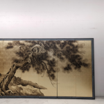Silver plum blossom wall art screen with four-panel ink wash floral art