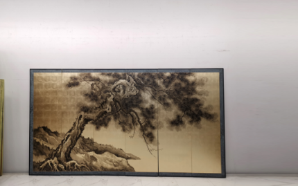 Silver plum blossom wall art screen with four-panel ink wash floral art