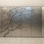 Silver plum branch folding screen room divider with six-panel ink wash art