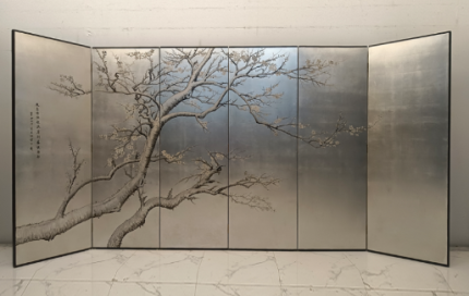 Silver plum branch folding screen room divider with six-panel ink wash art