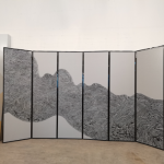 Silver textured mountain folding screen room divider with six-panel modern landscape art