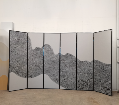 Silver textured mountain folding screen room divider with six panels.