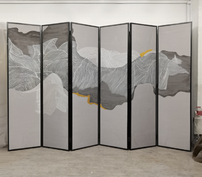 Silver wave landscape folding screen room divider with six-panel modern art