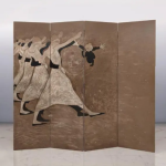 Taupe dancer decorative screen with four panels for artistic living rooms, lounges, and boutique interiors