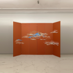 Terracotta mountain folding screen room divider with six-panel modern landscape art