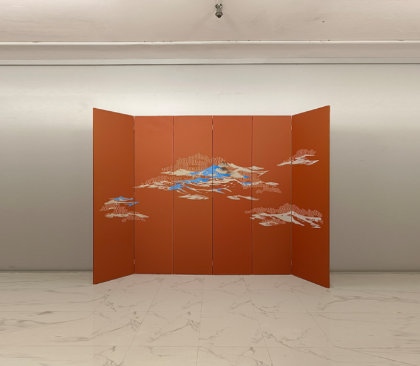 Terracotta Mountain Folding Screen Room Divider - Six-Panel Modern Landscape Screen Terracotta mountain folding screen room divider with six-panel modern landscape art