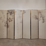 White bamboo folding screen room divider with six-panel ink wash botanical art