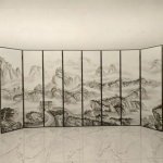 White ink landscape folding screen room divider with eight-panel Asian mountain art