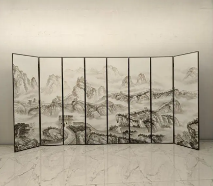 White Ink Landscape Folding Screen Room Divider - Eight-Panel Asian Mountain Screen White ink landscape folding screen room divider with eight-panel Asian mountain art