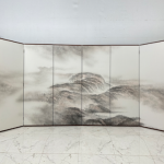 White ink mountain folding screen room divider with six-panel Asian landscape art