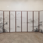 White landscape folding screen room divider with eight-panel Asian ink art
