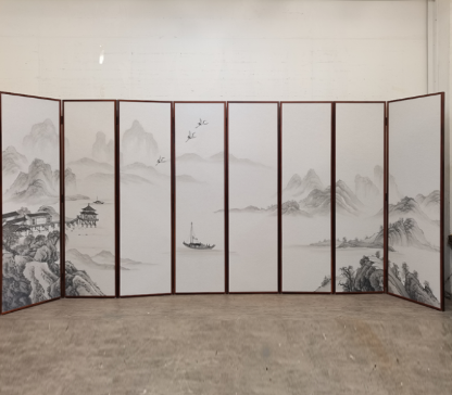 White landscape folding screen room divider with eight panels and Asian ink artwork.