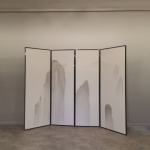 White minimal mountain folding screen room divider with four-panel ink wash art