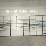 White mist lake folding screen room divider with nine-panel ink wash landscape art