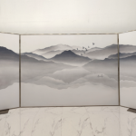 White mist mountain folding screen room divider with three-panel ink wash landscape art