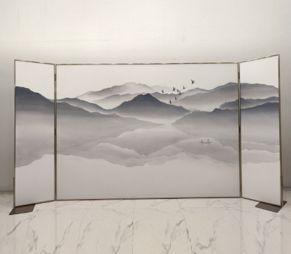 White Mist Mountain Folding Screen Room Divider - Three-Panel Ink Wash Landscape Screen White mist mountain folding screen room divider with three-panel ink wash landscape art