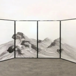 White mountain ink wash screen with five panels for living rooms, tea spaces, and scenic oriental interiors