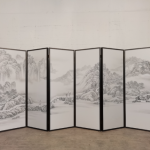 White mountain landscape folding screen room divider with six-panel ink wash line art
