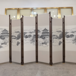 White palace landscape folding screen room divider with six-panel ink wash architectural art
