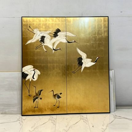 Gold lotus folding screen room divider with four-panel oriental floral art