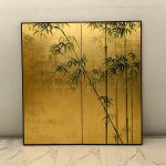 Gold bamboo wall art screen with two-panel oriental botanical design