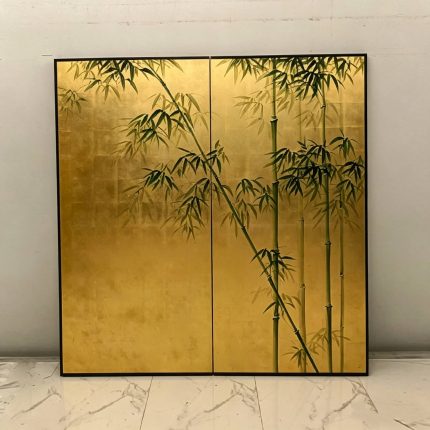 Gold bamboo wall art screen with two-panel oriental botanical design