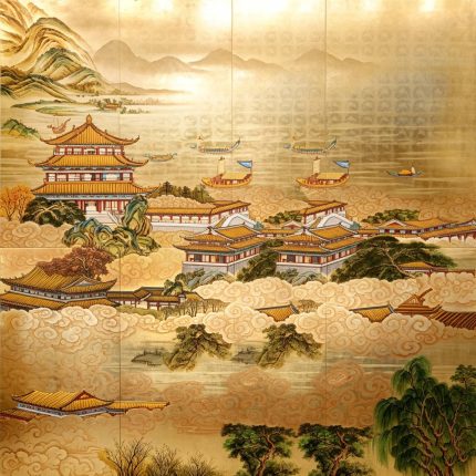 Gold cloud palace wall art screen with four-panel oriental landscape design