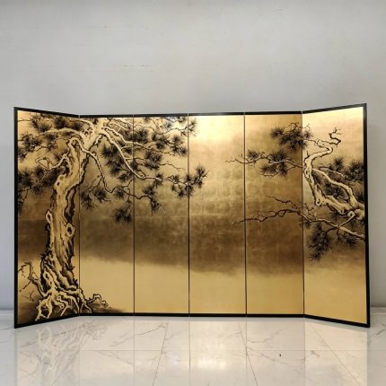 Gold pine folding screen room divider with six-panel Asian landscape art