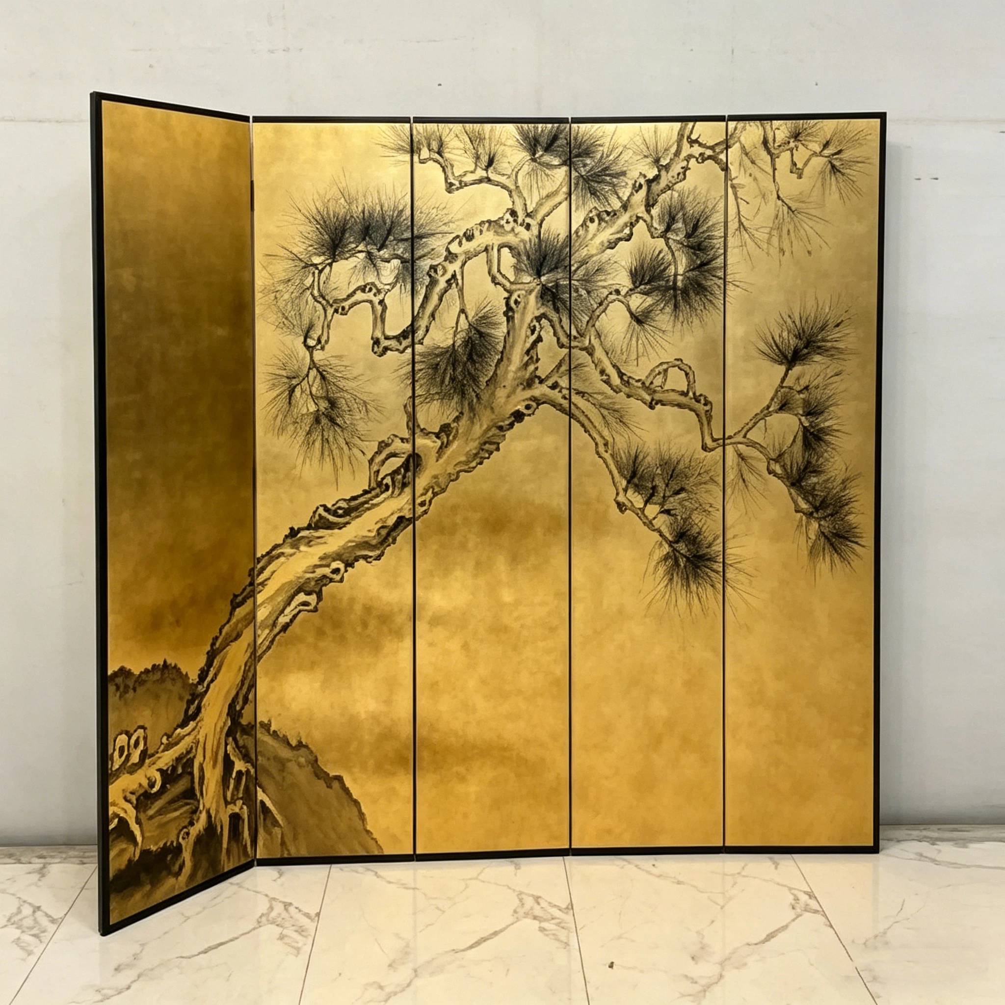东方艺术屏风 (13) Gold pine folding screen room divider with five-panel oriental landscape design