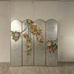 Silver floral folding screen room divider with four-panel vintage botanical art