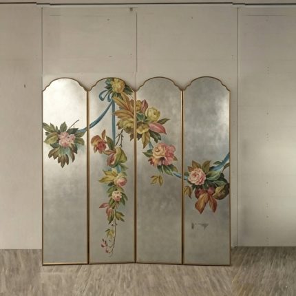 Silver floral folding screen room divider with four-panel vintage botanical art