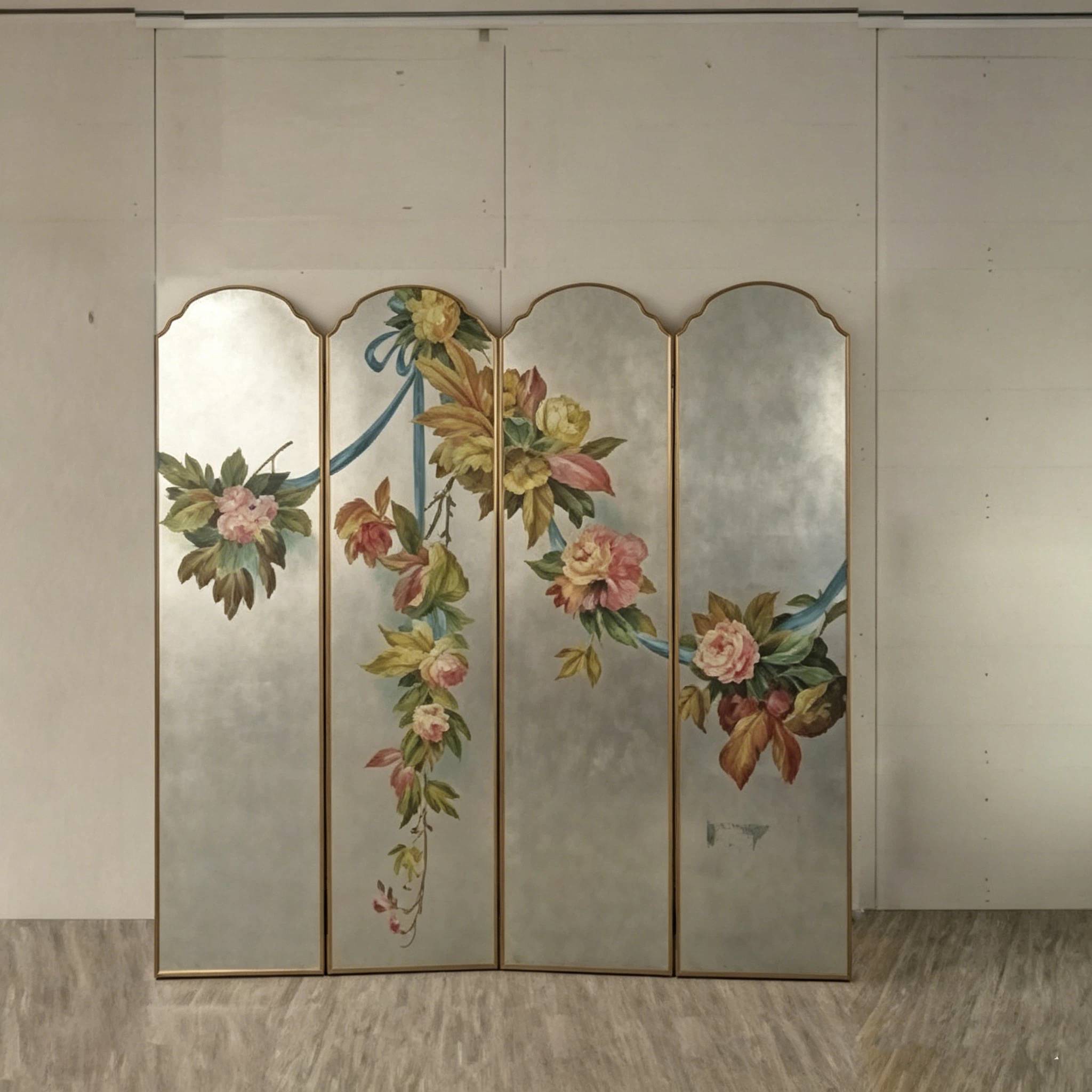 东方艺术屏风 (16) Silver floral folding screen room divider with four-panel vintage botanical art