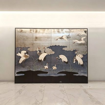 Silver crane wall art screen with four-panel Asian waterside bird design