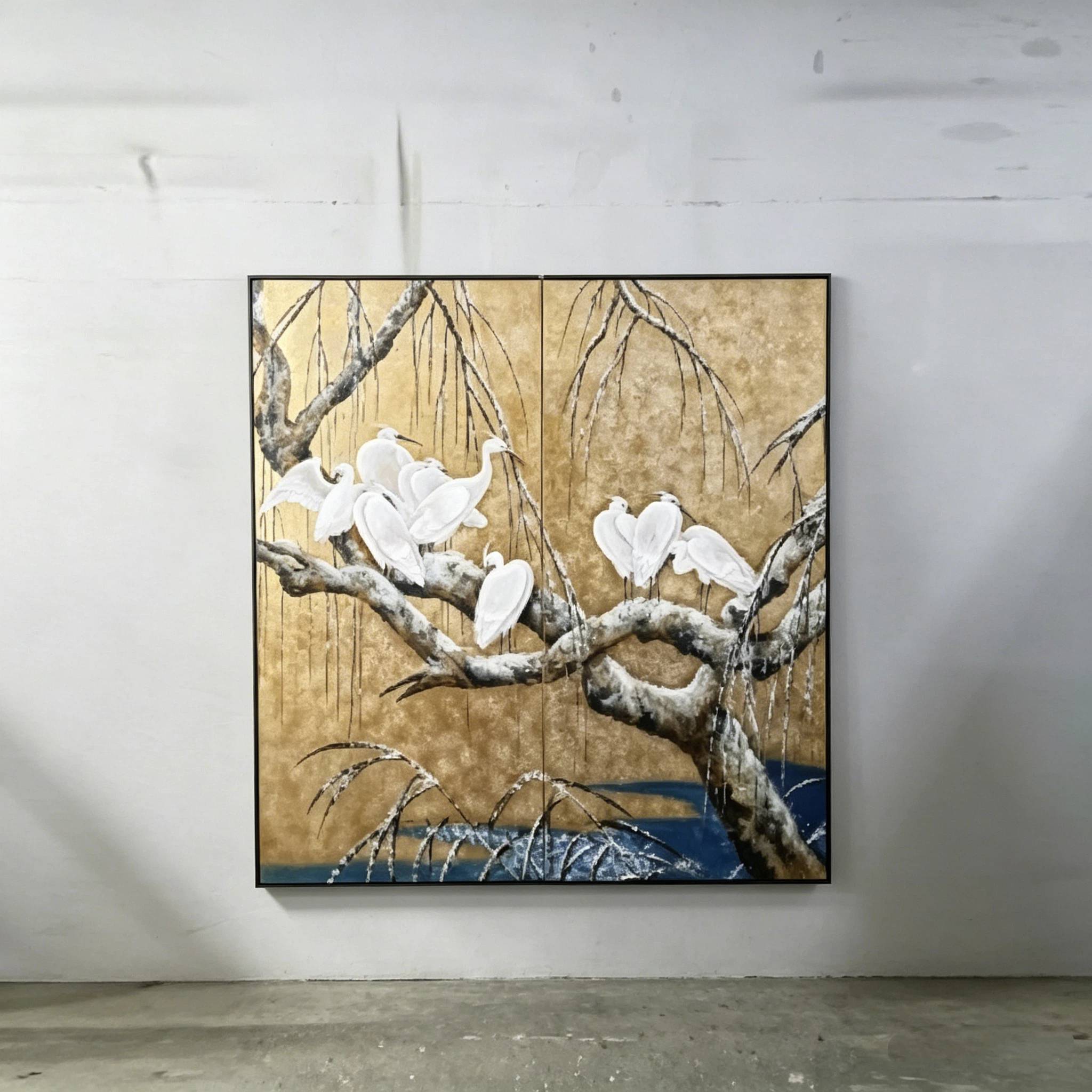 东方艺术屏风 (18) Gold egret wall art screen with two-panel oriental bird and branch design