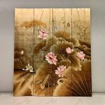 Gold lotus pond wall art screen with four-panel Asian floral and bird design