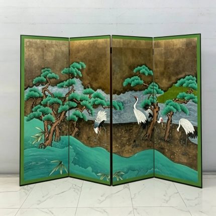 Gold pine and crane folding screen room divider with four-panel longevity art